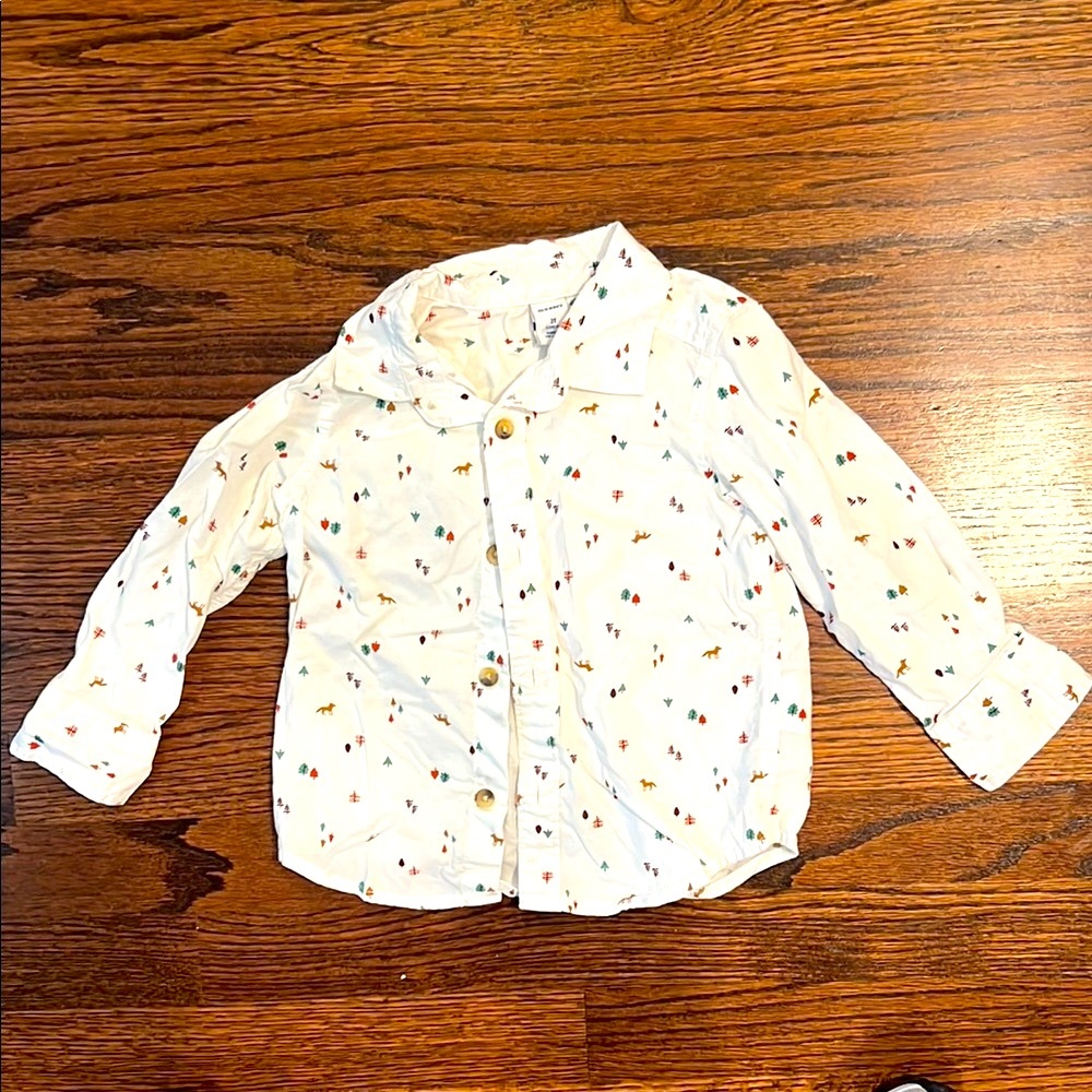 Old Navy White Button Down Shirt with Fox and Tree Print